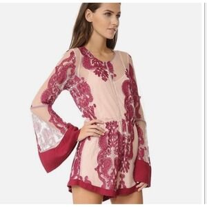 Minkpink Festival XS Burgundy Embroidered Mesh Bell Sleeve Romper Boho Keyhole